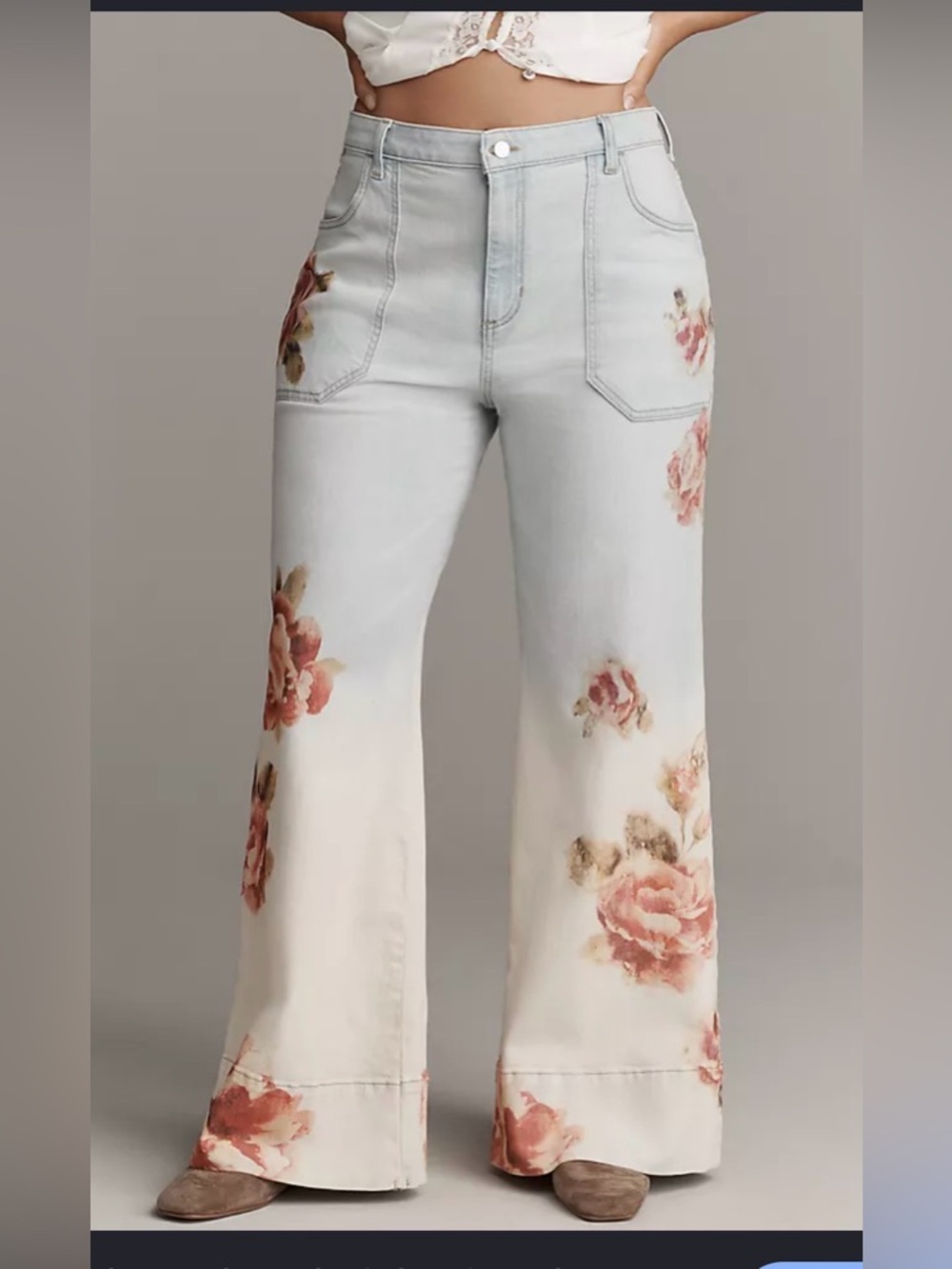 High-Rise Wide-Leg Floral Print Jeans in Light Blue and Pink